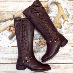 New Brown Lace up tall riding boots boutique